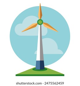 A wind turbine standing in a lush green field beneath a bright blue sky