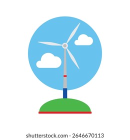 A wind turbine standing in a lush green field beneath a bright blue sky