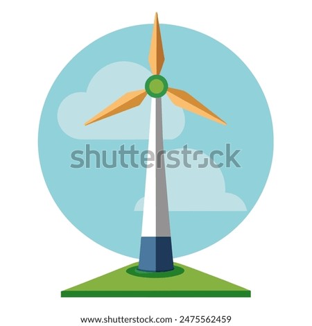 A wind turbine standing in a lush green field beneath a bright blue sky