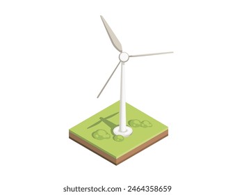 Wind turbine standing on green square of ground renewable electric generation vector illustration isolated on white background