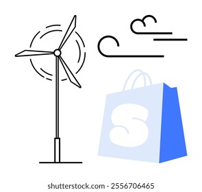 Wind turbine stands near a shopping bag with wind gusts in the background. Ideal for renewable energy, sustainable shopping, environmental awareness, eco-friendly products, and green commerce