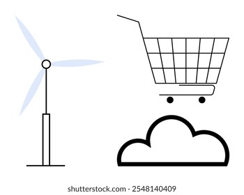 A wind turbine stands next to a cloud with a shopping cart on top indicating concepts of renewable energy and cloud-based shopping. Ideal for sustainability, renewable energy, e-commerce, cloud