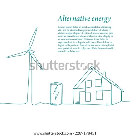Wind turbine with storage battery and environment line art. Green energy and renewable source of power concept in simple linear style. Doodle vector illustration