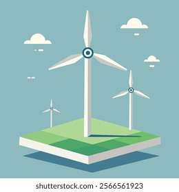 Wind Turbine. Sustainable and alternative renewable energy concept. Green nature landscape background. Paper art of ecology and environment concept. Vector Illustration.