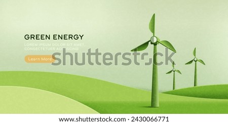 Wind Turbine. Sustainable and alternative renewable energy concept. Green nature landscape background. Paper art of ecology and environment concept. Vector Illustration.