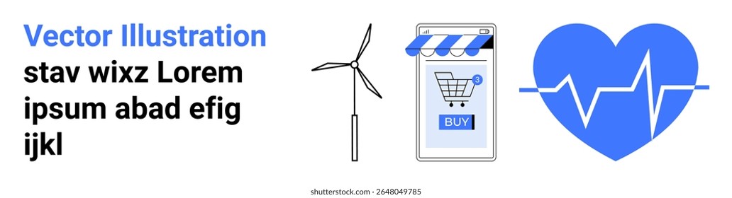 Turbina eólica para energia sustentável, celular com carrinho de compras para e-commerce e ícone de batimento cardíaco para saúde. Ideal para energia verde, lojas on-line, aplicativos de saúde, consciência ecológica, e-health