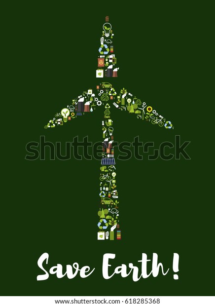 Wind turbine symbol with ecology icons. Saving\
energy light bulb with green plant, tree, recycle, water, solar\
panel, electric car, biofuel, battery, fuming pipe, bicycle. Save\
Earth concept design