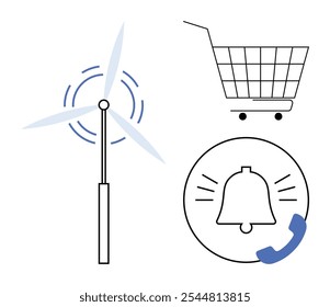 Wind turbine symbol, shopping cart, and notification bell with a phone icon. Ideal for renewable energy, shopping, communication alerts, e-commerce, sustainability. Simple line drawing style