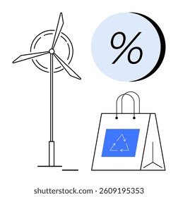 Wind turbine symbolizing clean energy, percentage sign circle, and recycling shopping bag. Ideal for sustainability, renewable energy, eco-friendly products, recycling, environmental awareness, green