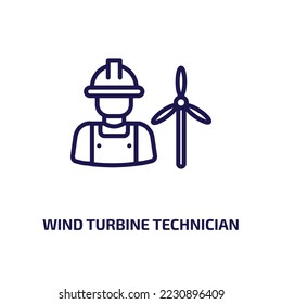 wind turbine technician icon from professions collection. Thin linear wind turbine technician, worker, wind outline icon isolated on white background. Line vector wind turbine technician sign, symbol 