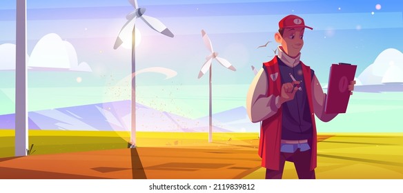 Wind turbine technician man work on energy farm on green field. Vector cartoon illustration with summer landscape with windmills, mountains and man engineer