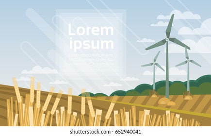 Wind Turbine Tower In Field Blue Sky Alternative Energy Source Technology Flat Vector Illustration