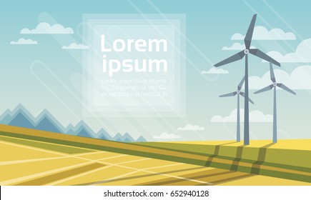 Wind Turbine Tower In Field Blue Sky Alternative Energy Source Technology Flat Vector Illustration