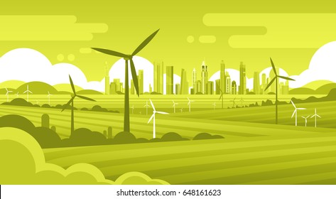 Wind Turbine Tower In Field Green City Background Ecology Alternative Energy Source Technology Flat Vector Illustration