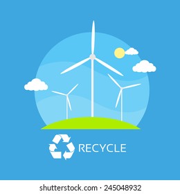 wind turbine tower over blue sky and green grass energy recycle technology flat design vector illustration