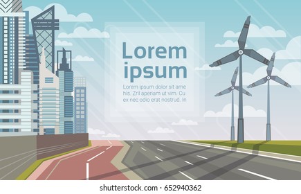 Wind Turbine Tower Over City Landscape Alternative Energy Source Technology Flat Vector Illustration