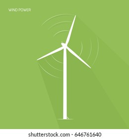 Wind turbine tower. Renewable ecological energy generation concept. Power plant windmill generator with rotating wing blades. Isolated white outline silhouette on green background. Logo icon.