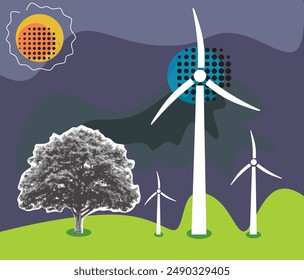 wind turbine, and tree background.Trendy halftone collage