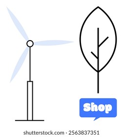 Wind turbine and a tree leaf with a shop banner highlight sustainability and eco-friendly themes. Ideal for environmental awareness, renewable energy promotion, green shopping, ecological