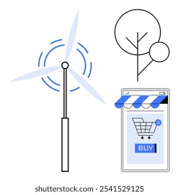 Wind turbine, tree, and smartphone with online shopping cart. Ideal for renewable energy, eco-friendly technology, online shopping, sustainability, digital economy. Contemporary flat design