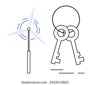 A wind turbine and two keys represent renewable energy, security, and sustainability. Ideal for themes of clean energy, security, sustainability, eco-friendly technology, and modern minimalism