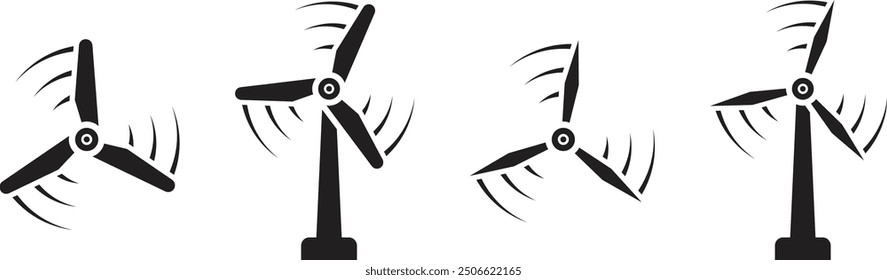 Wind turbine vector icon collection. Wind power icon on white background. Windmill silhouette. Flat design style. Wind power plant. Wind turbine. Sustainable and alternative energy. Renewable energy