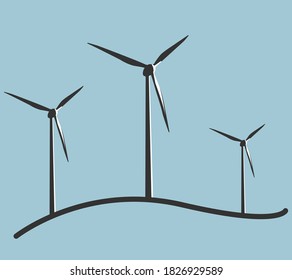 Wind turbine vector icon. Wind power icon on a blue background. Windmill silhouette, with shadows. Volumetric design style