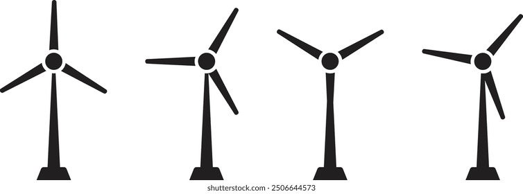 Wind turbine vector icon set, Windmill silhouette, Black isolated on white background, Renewable energy generation, Vector illustration