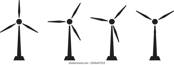 Conjunto de iconos de Vector de turbina de viento, silueta de molino de viento, negro aislado sobre fondo blanco, generación de energía renovable, Ilustración vectorial