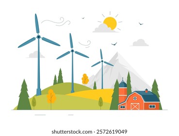 Wind Turbine Vector Illustration Featuring a Sustainable and Renewable Energy Concept with a Green Nature Landscape and Mountain Background