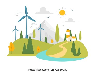 Wind Turbine Vector Illustration Featuring a Sustainable and Renewable Energy Concept with a Green Nature Landscape and Mountain Background