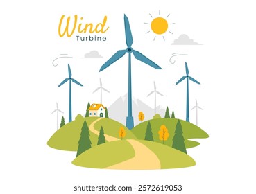 Wind Turbine Vector Illustration Featuring a Sustainable and Renewable Energy Concept with a Green Nature Landscape and Mountain Background