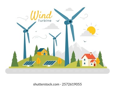 Wind Turbine Vector Illustration Featuring a Sustainable and Renewable Energy Concept with a Green Nature Landscape and Mountain Background