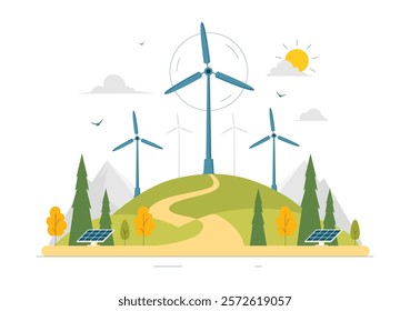 Wind Turbine Vector Illustration Featuring a Sustainable and Renewable Energy Concept with a Green Nature Landscape and Mountain Background