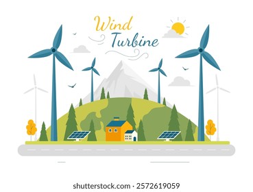 Wind Turbine Vector Illustration Featuring a Sustainable and Renewable Energy Concept with a Green Nature Landscape and Mountain Background