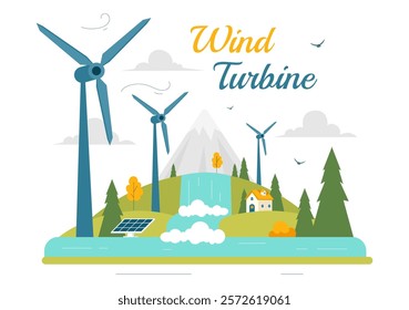 Wind Turbine Vector Illustration Featuring a Sustainable and Renewable Energy Concept with a Green Nature Landscape and Mountain Background