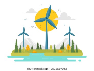 Wind Turbine Vector Illustration Featuring a Sustainable and Renewable Energy Concept with a Green Nature Landscape and Mountain Background