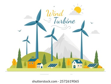 Wind Turbine Vector Illustration Featuring a Sustainable and Renewable Energy Concept with a Green Nature Landscape and Mountain Background