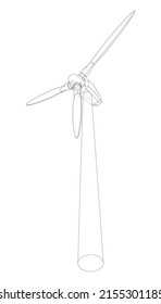 Wind turbine. Vector rendering of 3d. Wire-frame style. The layers of visible and invisible lines are separated