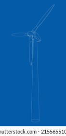 Wind turbine. Vector rendering of 3d. Wire-frame style. The layers of visible and invisible lines are separated