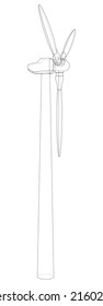 Wind turbine. Vector rendering of 3d. Wire-frame style. The layers of visible and invisible lines are separated