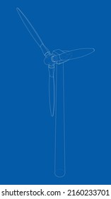 Wind turbine. Vector rendering of 3d. Wire-frame style. The layers of visible and invisible lines are separated