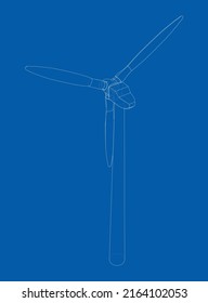 Wind turbine. Vector rendering of 3d. Wire-frame style. The layers of visible and invisible lines are separated