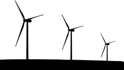 Wind Turbine Vector Silhouette, Isolated On White Background, Fill With Black Color, Clean And Renewable Energy Concept, Three Wind Turbine Shadow Idea