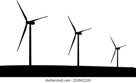 wind turbine vector silhouette, isolated on white background, fill with black color, clean and renewable energy concept, three wind turbine shadow idea