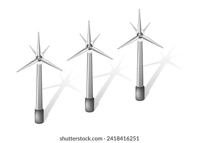 Windturbine, Vektorsilhouette einzeln auf weißem Hintergrund, Konzept für saubere und erneuerbare Energie, drei Ideen für Windkraftanlagen
