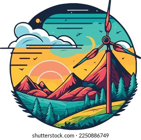 Wind Turbine in vidvid colors sticker design with mountains and sunset in background vector art