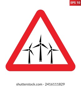 Wind turbine warning sign. Vector illustration of red triangle sign with windmills icon inside. Renewable energy concept. Wind farm, park. Green power symbol. Noise risk.