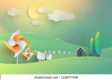 Wind turbine and white Sheep group farm on hill and cloud background in vintage Pastel Paper art cutting style