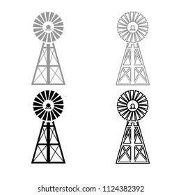 Wind turbine windmill classic american icon outline set grey black color